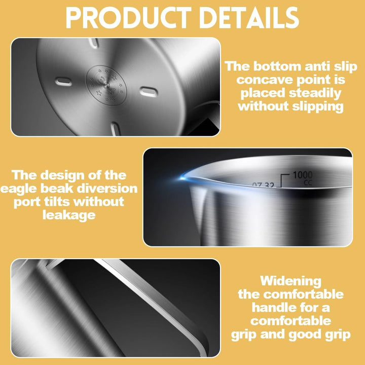 Messbecher Edelstahl 1L, Milchkännchen mit Markierung mit Griff, Messkanne Milk Pitcher, Milchaufsch