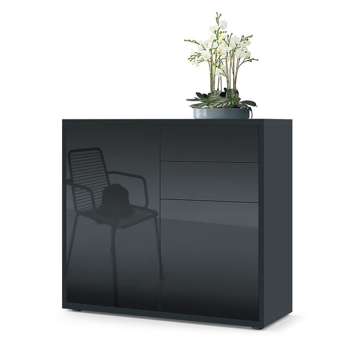 Vladon Sideboard Ben, Kommode mit 2 Türen und 2 Schubladen, Schwarz matt/Schwarz Hochglanz (79 x 74
