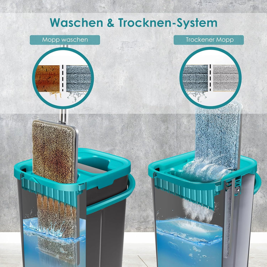 Myiosus Flacher Wischmopp Set mit Eimer, 2 in 1 Putzeimer mit Wischmop mit 144 cm Edelstahlgriff, 6