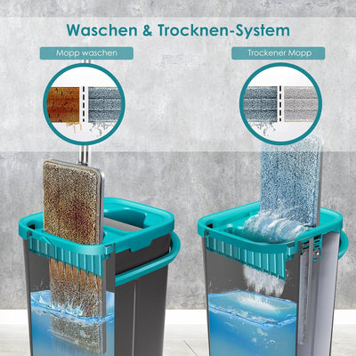 Myiosus Flacher Wischmopp Set mit Eimer, 2 in 1 Putzeimer mit Wischmop mit 144 cm Edelstahlgriff, 6