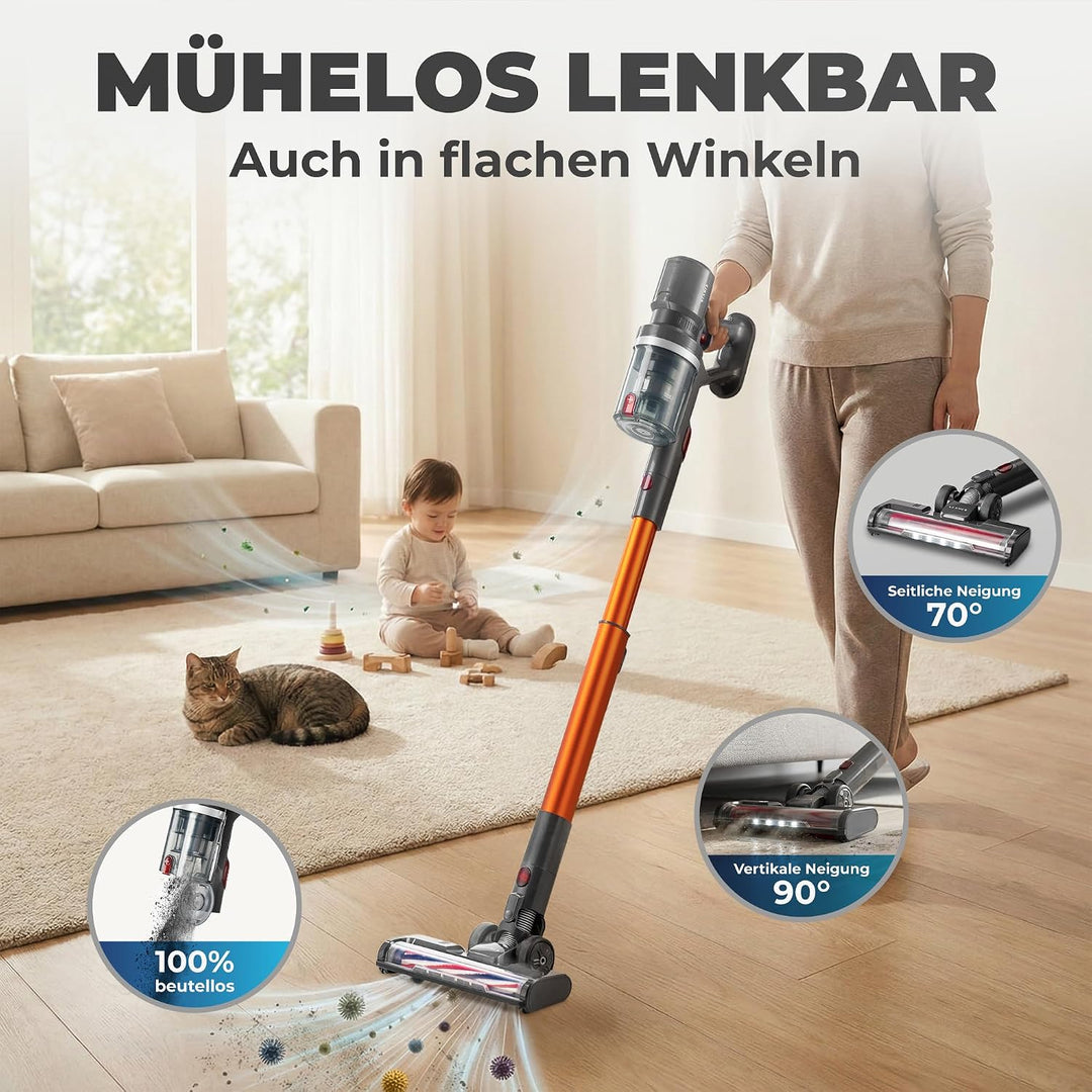 KLAMER Akku Staubsauger, 2-in-1 Staubsauger kabellos &amp; Handstaubsauger, Akkulaufzeit bis 60 min, Akk