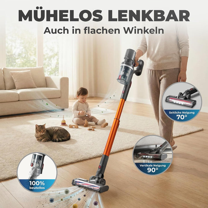 KLAMER Akku Staubsauger, 2-in-1 Staubsauger kabellos &amp; Handstaubsauger, Akkulaufzeit bis 60 min, Akk