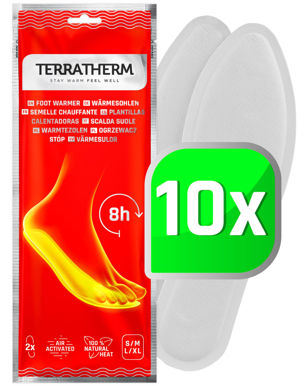 Terratherm Wärmesohlen - 10 Paar S, Sohlenwärmer für Schuhe Aller Art, Schuhwärmer Einlagen, 100% na