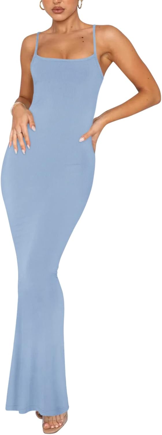 REORIA Damen Sexy Lounge Slip Langes Kleid Elegantes Hochzeitsgast ärmelloses rückenfreies Geripptes