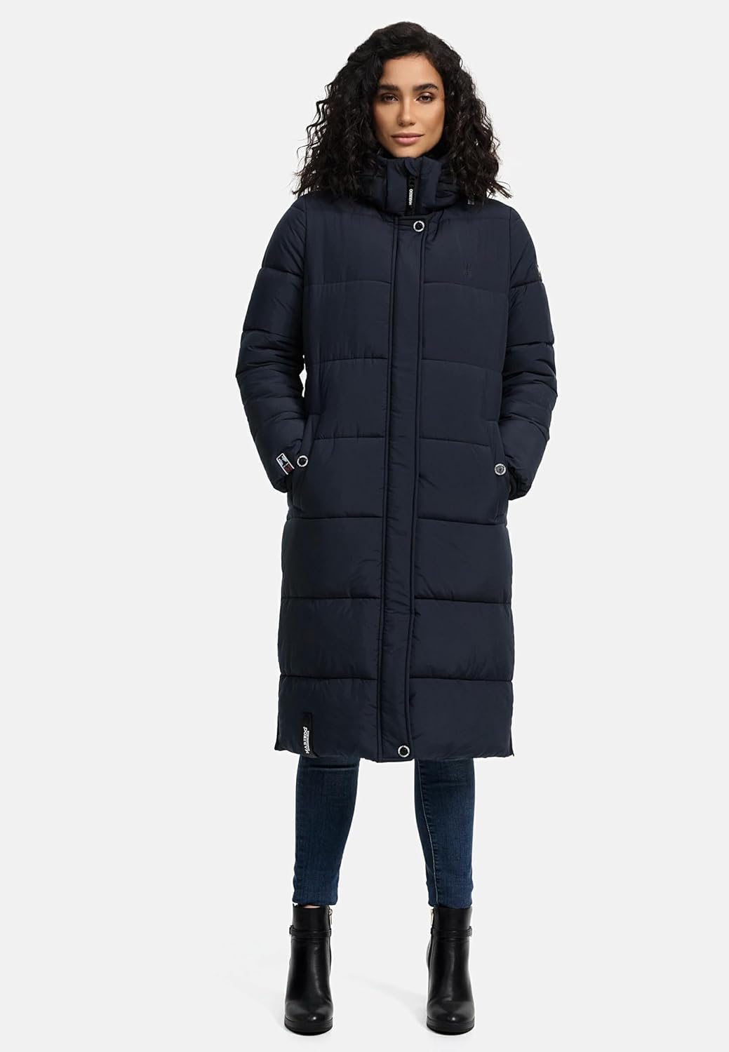 MARIKOO Damen Wintermantel Warmer Steppmantel lang mit Abnehmbarer Kapuze Reliziaa XS-3XL XL Navy, X