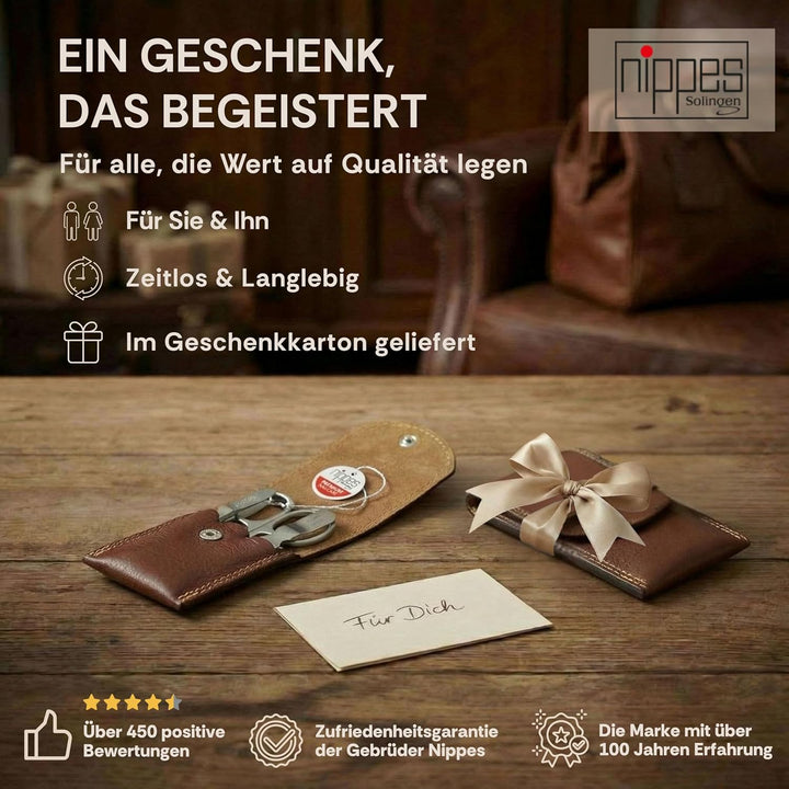 nippes Solingen Classic Premium-Maniküre Set, 3-teilig, Echtes Rindsleder-Nageletui, braun, Edelstah