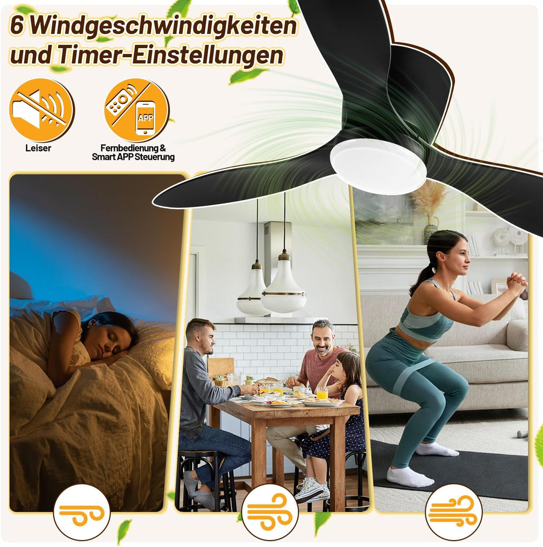 Deckenventilator mit Beleuchtung und Fernbedienung, Ø 132 cm Deckenlampe mit Ventilator dimmbar, 3 F