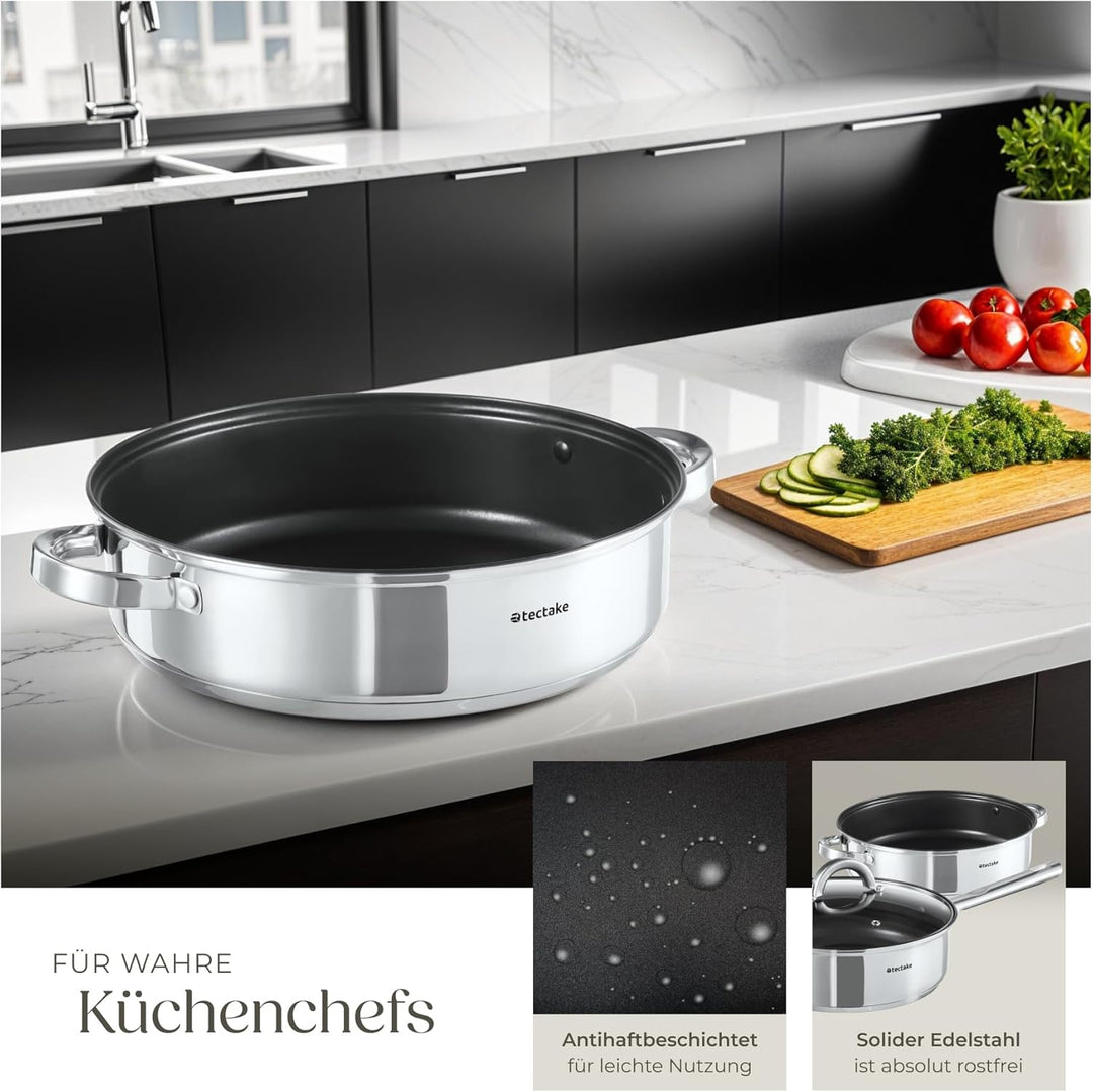tectake® 15-tlg. Topfset, Edelstahl Kochgeschirr, Bratpfanne und Töpfe Set mit Deckel, Kochtopf Set