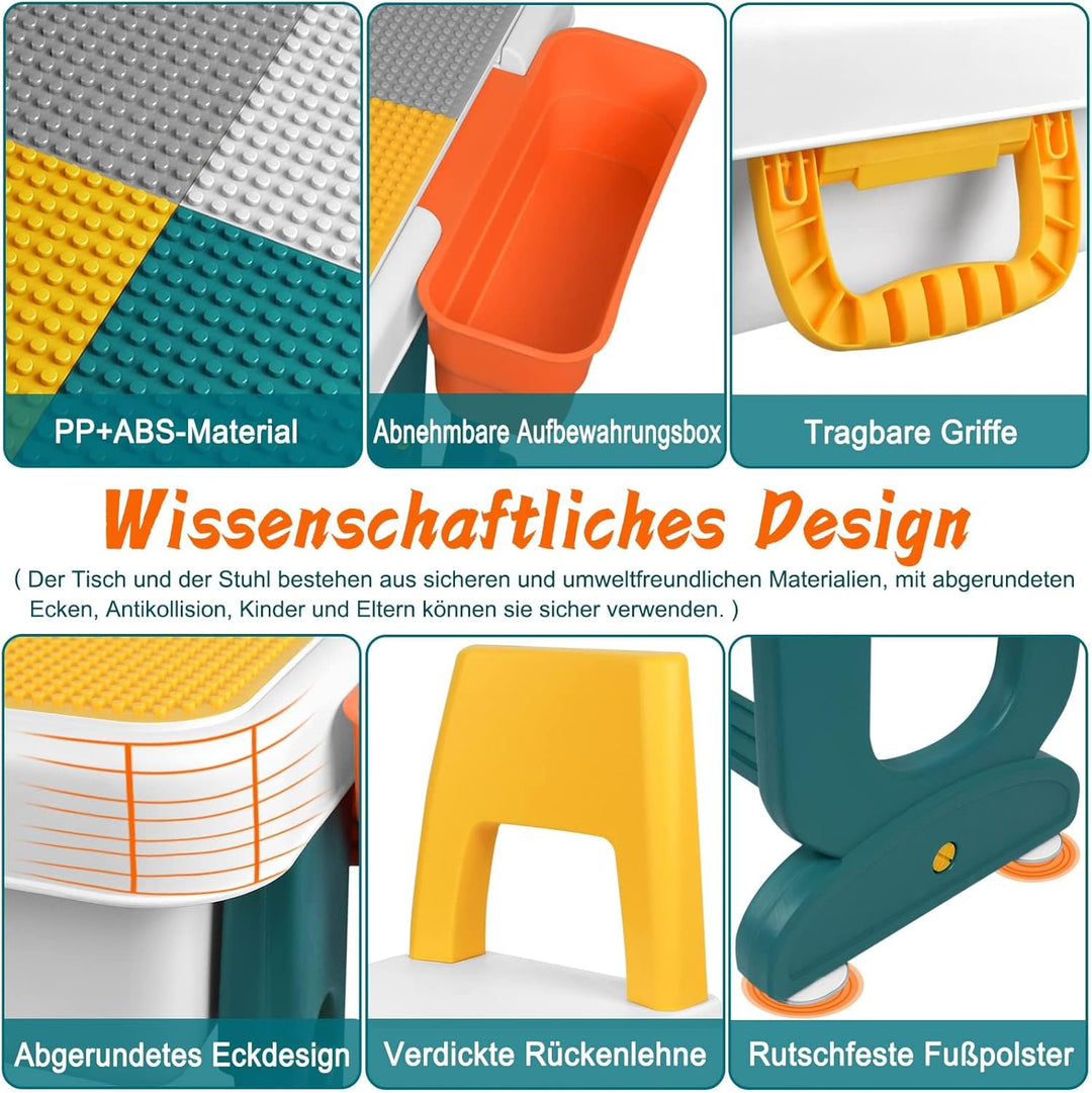 5-in-1 Kindertisch mit Stühle Set Kinder Tisch Stuhl Spieltisch mit Bausteine und 2 Stühle Doppelsei