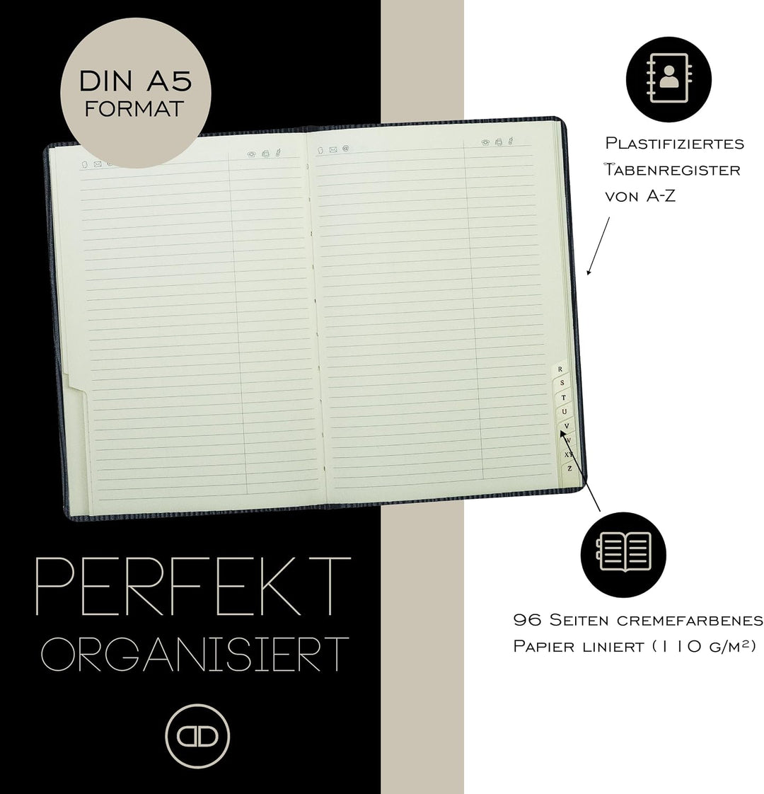 DELMON VARONE - Personalisierbares Adressbuch DIN A5 gebunden mit A-Z Register in Manhattan Leder sc