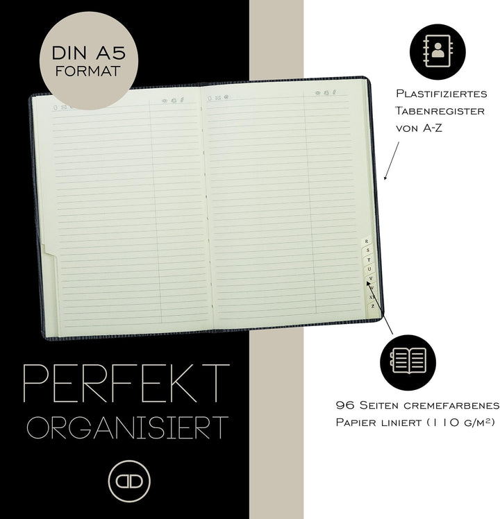DELMON VARONE - Personalisierbares Adressbuch DIN A5 gebunden mit A-Z Register in Manhattan Leder sc