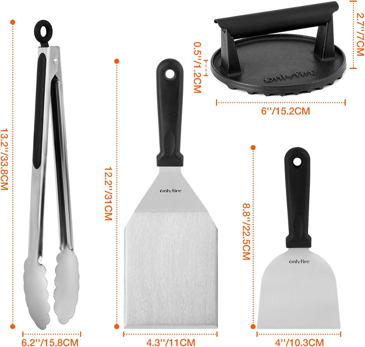onlyfire Smash Burger Set inkl. Grillspachtel aus Edelstahl, Plancha Spachtel, Gusseisen Burgerpress