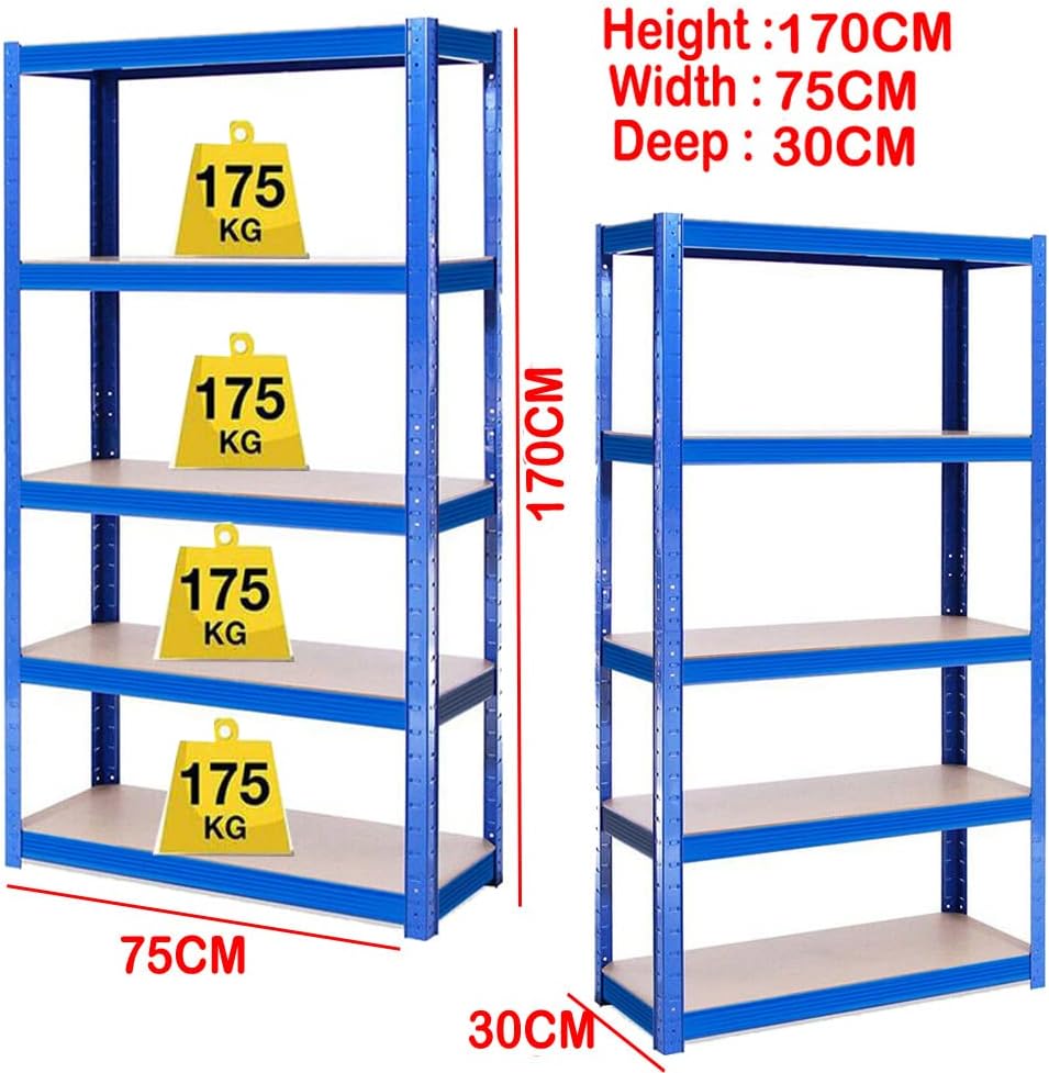 5 Stöckiges Schwerlastregal Regal, Lagerregal Garagenregal, Metallregal Blau - 170cm x 75cm x 30cm,