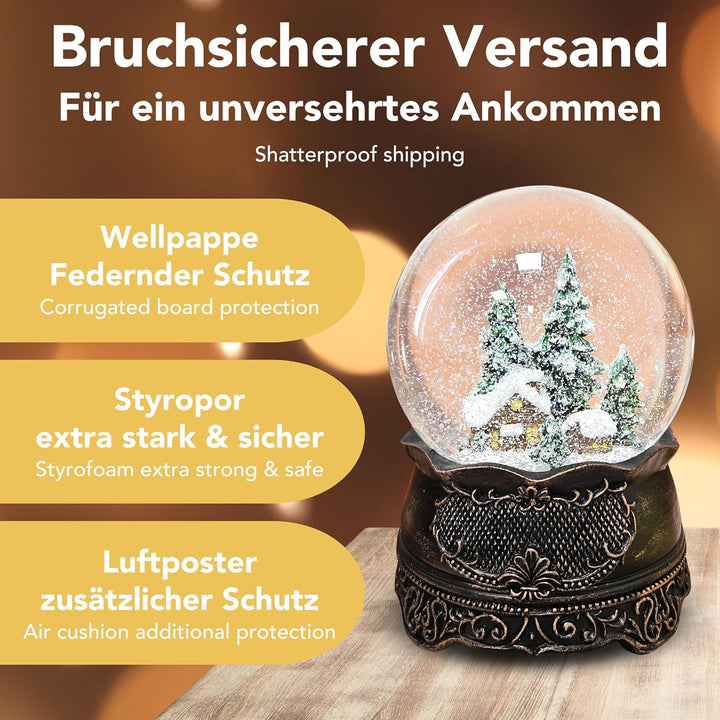 Schneekugel Weihnachten Spieluhr | Hüttenzauber Berghütte | Sockel Kupfer antik | Höhe: 140mm, Breit