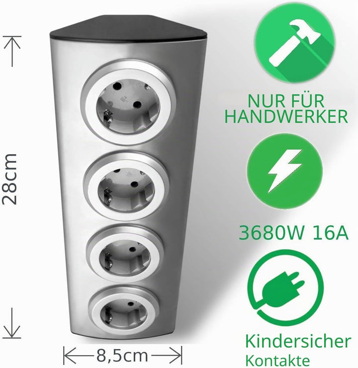 ORNO AE-1340(GS) Ecksteckdose 4 Fach mit Kindersicherung, 45° Aufbau-Montage, Ideal für Küche, Büro