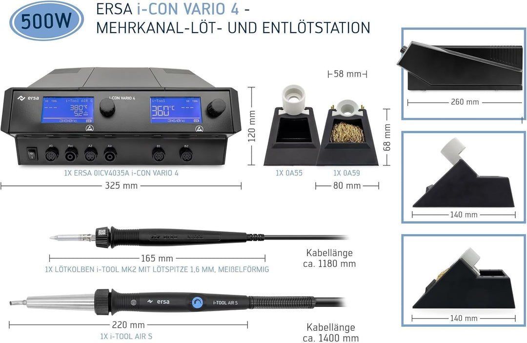 ERSA i-CON VARIO 4 MK2 ESD Mehrkanal Löt- und Entlötstation 500 Watt mit Heissluftkolben i-TOOL AIR