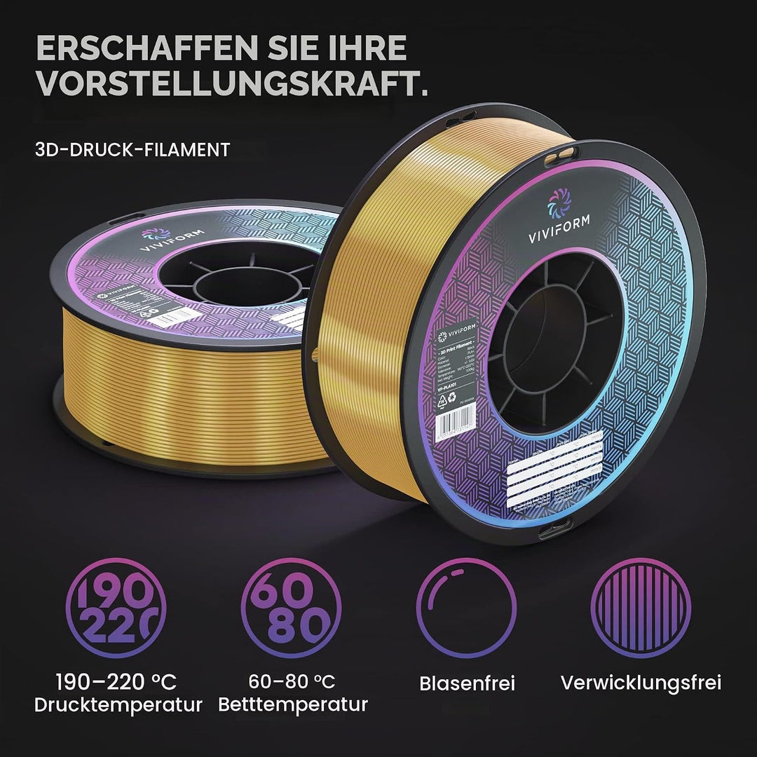 Viviform silk PLA Filament für 3D Drucker | 1kg Rolle | ∅1,75mm +/- 0,03mm | Gold metallic, VF-PLA50