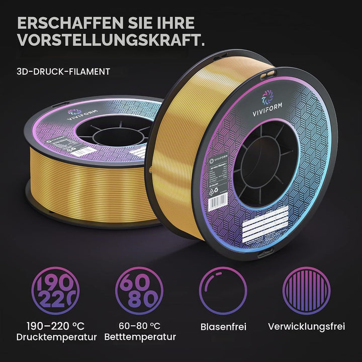 Viviform silk PLA Filament für 3D Drucker | 1kg Rolle | ∅1,75mm +/- 0,03mm | Gold metallic, VF-PLA50