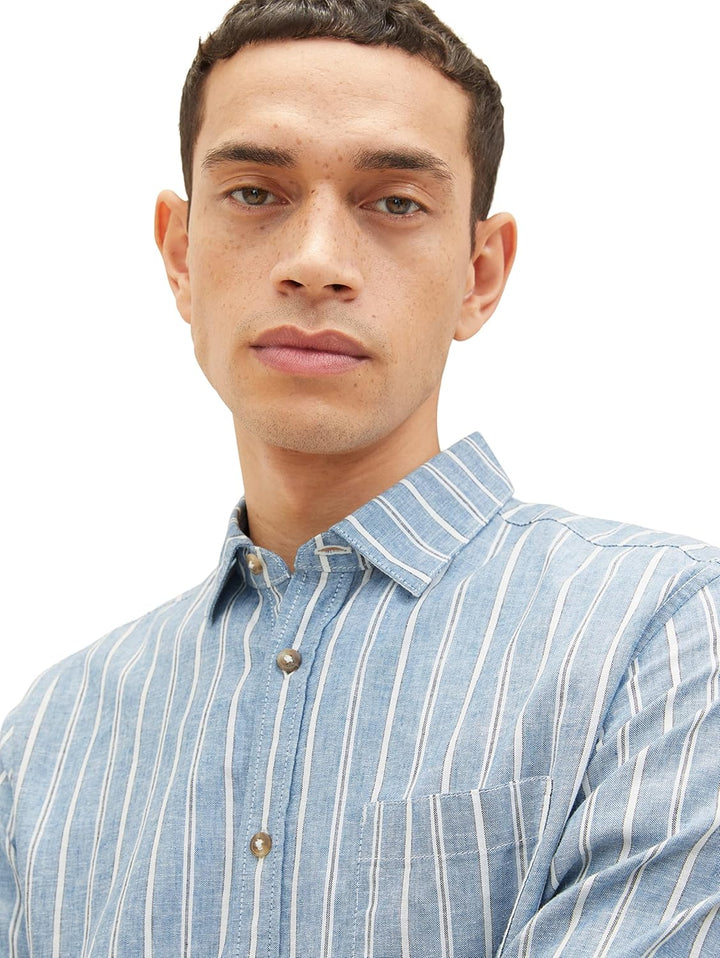 TOM TAILOR Herren Hemd mit Muster aus Leinen, 31246 - Blue Off White Navy Stripe