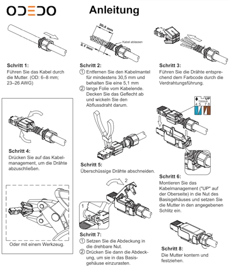 odedo 8X CAT 6A & 7 RJ45 Crimp Stecker Netzwerkstecker feldkonfektionierbar bis 10 Gigabit für Verle