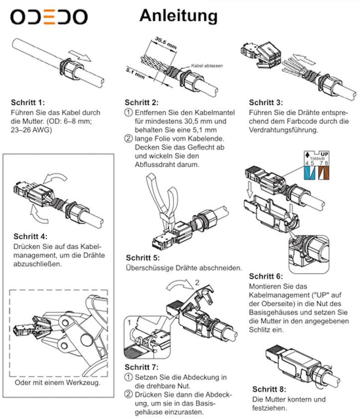 odedo 8X CAT 6A & 7 RJ45 Crimp Stecker Netzwerkstecker feldkonfektionierbar bis 10 Gigabit für Verle