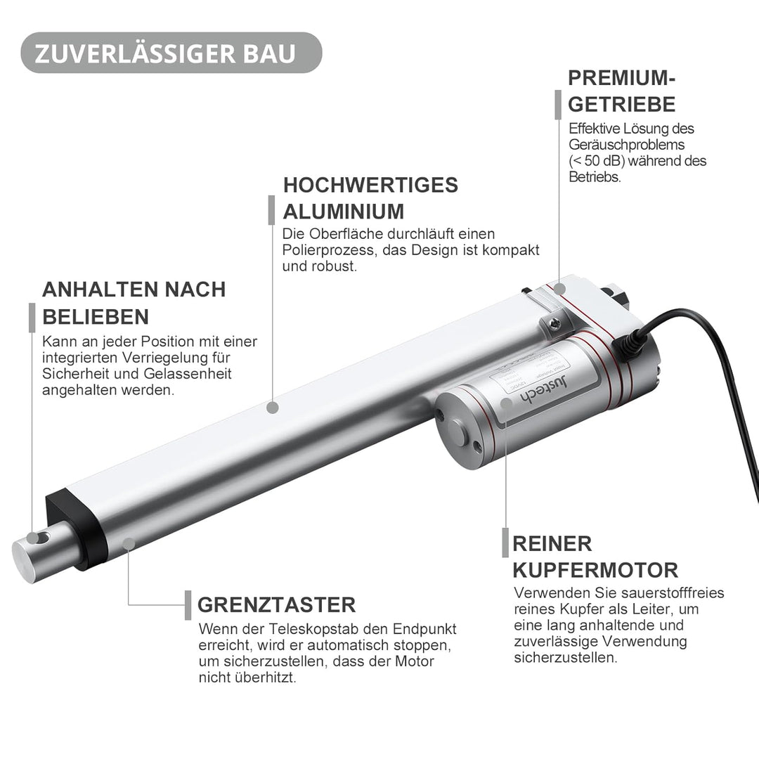 Justech Lineartechnik Aktuatoren Linear Actuator 200mm Linearantrieb 1500N/330 LBS IP65 10mm/s Motor