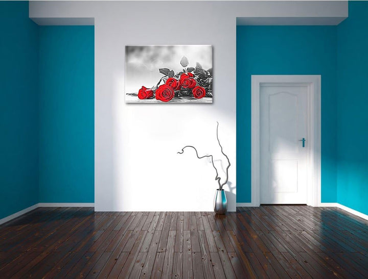 Rosenbouquet auf Holztisch Format: 100x70 auf Leinwand, XXL riesige Bilder fertig gerahmt mit Keilra