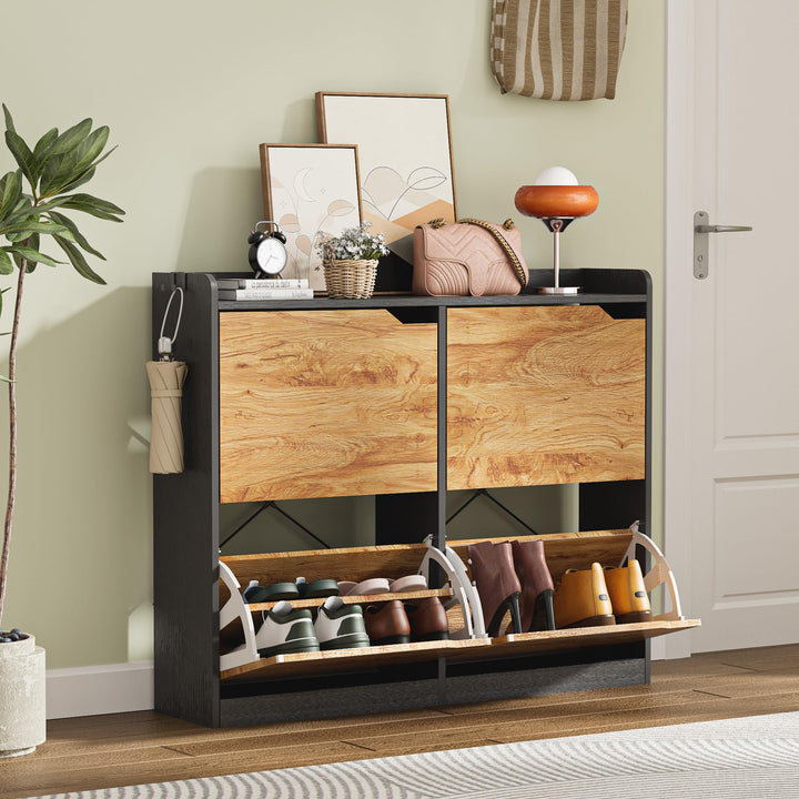 Schuhschrank Schmal mit 4 Klappen, Platzsparender Schuhkipper Holz Schuhkommode Schuhregal mit 4 Abl