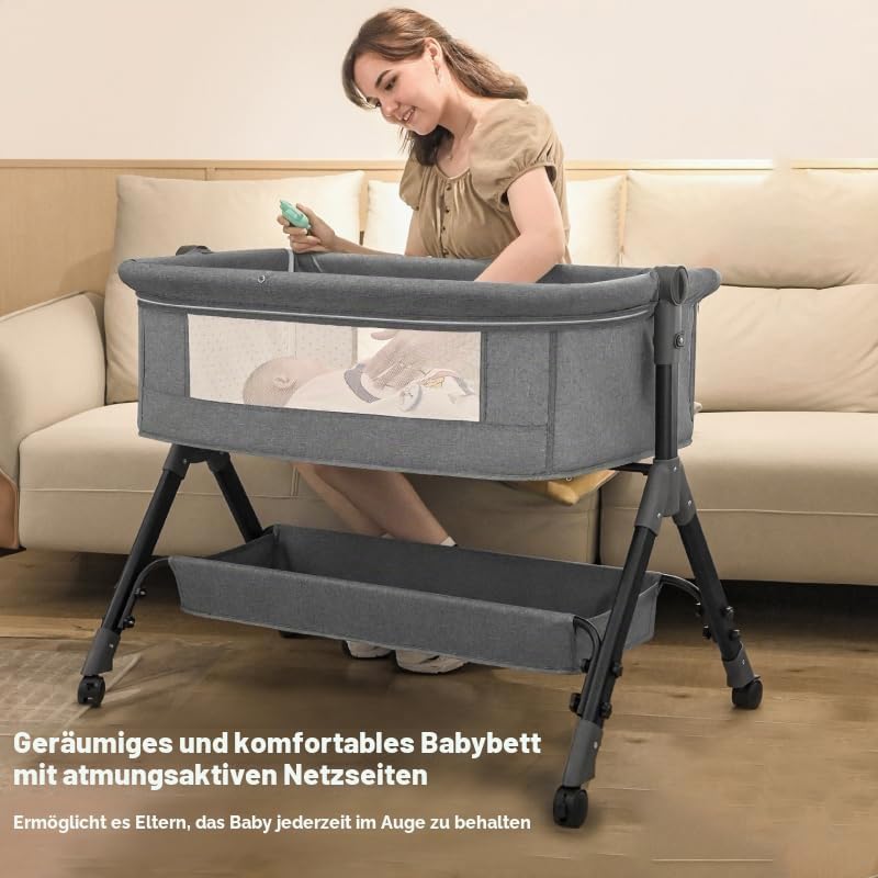 Next to me Krippe höhenverstellbar, tragbares Babybett, stabiles Babybett, 3-in-1, mit waschbarer Ma