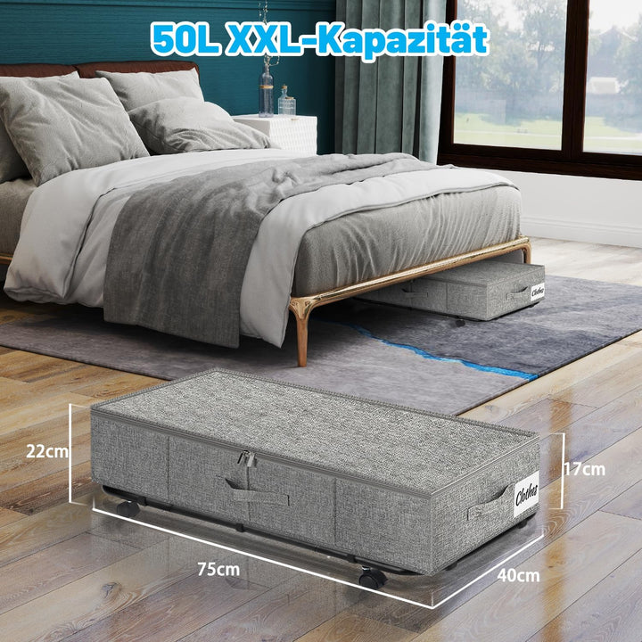 Unterbett Aufbewahrungsbox mit Rollen & 3 Griffen, 2er Set Faltbare Unterbett Kommode 50L, Faltbare