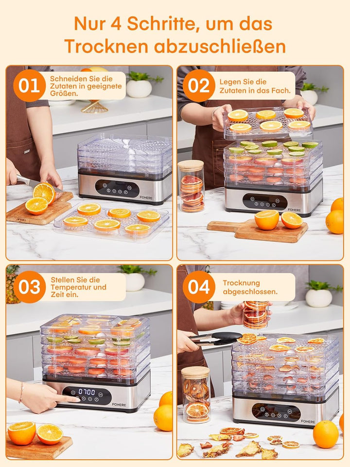 FOHERE Dörrautomat Edelstahl, Dörrgerät mit 5 höhenverstellbaren Tabletts, LED-Anzeige, 420W, 35-70°