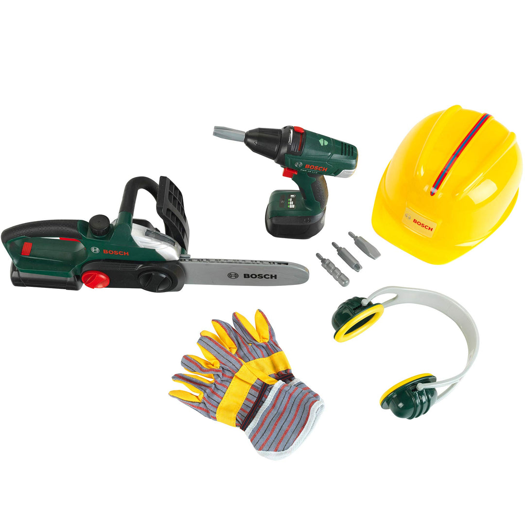 Theo Klein 8577 Bosch Bauarbeiter-Set I Akkuschrauber und Kettensäge mit Licht und Sound I Inkl. Zub
