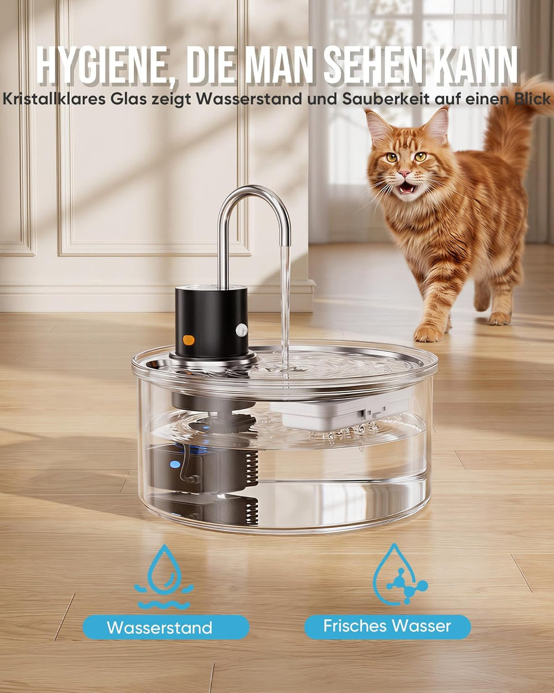Tomxcute Trinkbrunnen für Katze Kabellos 3,2L, Katzenbrunnen Glas mit Bewegungsmelder, 5000mAh Wiede