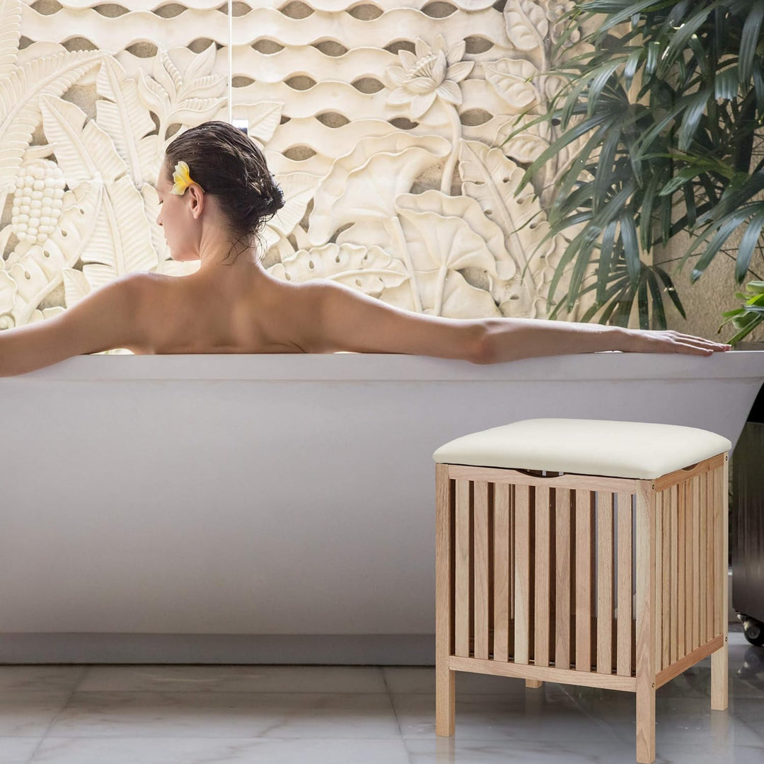 Relaxdays Wäschekorb mit Sitz, Badhocker mit Stauraum, 40 l Wäschesammler, Holz/Stoff, HBT: 51 x 41