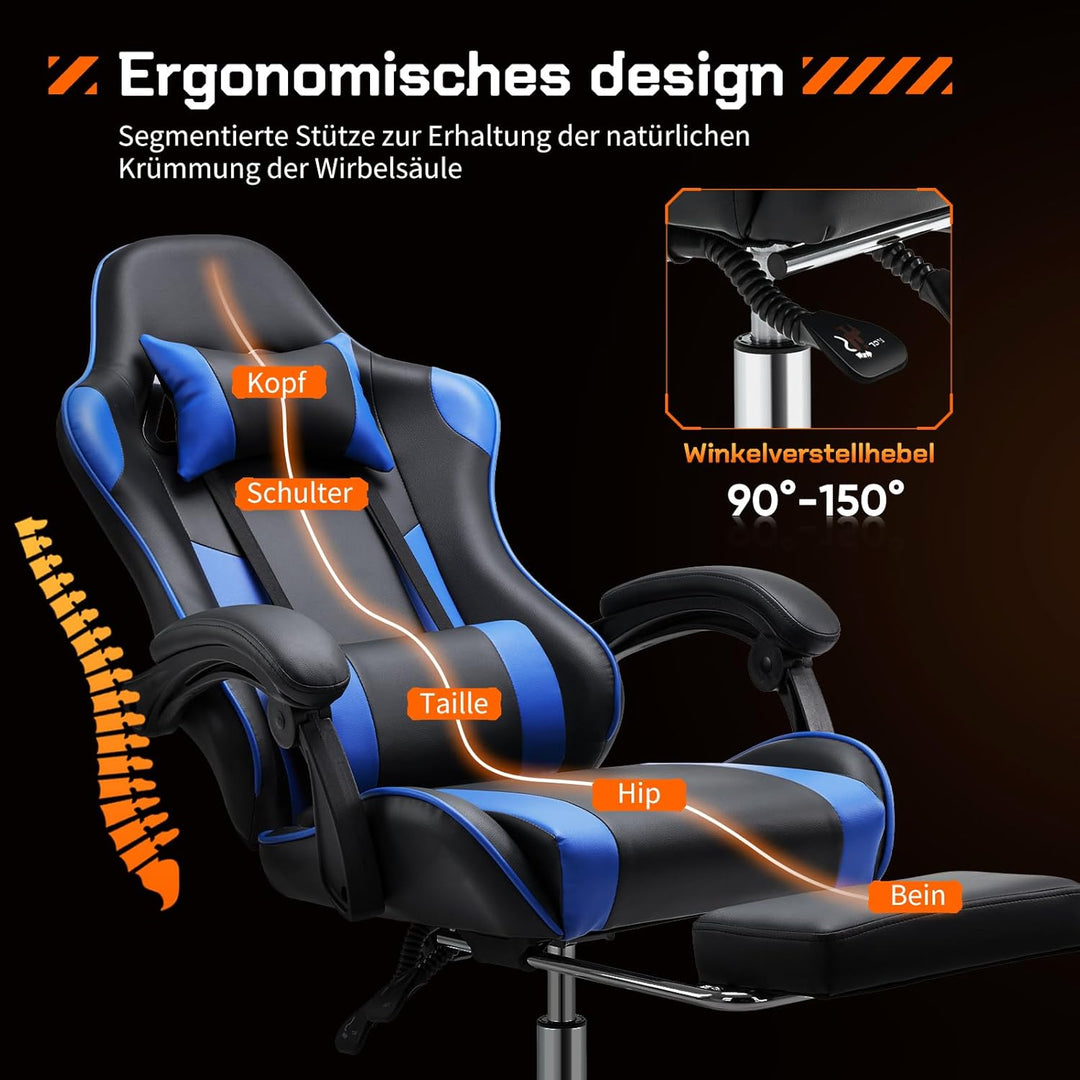 Sweetcrispy Gaming Stuhl,Ergonomischer Bürostuhl mit Fussstütze,Gamer PC Stühle mit Kopfstütze Lende