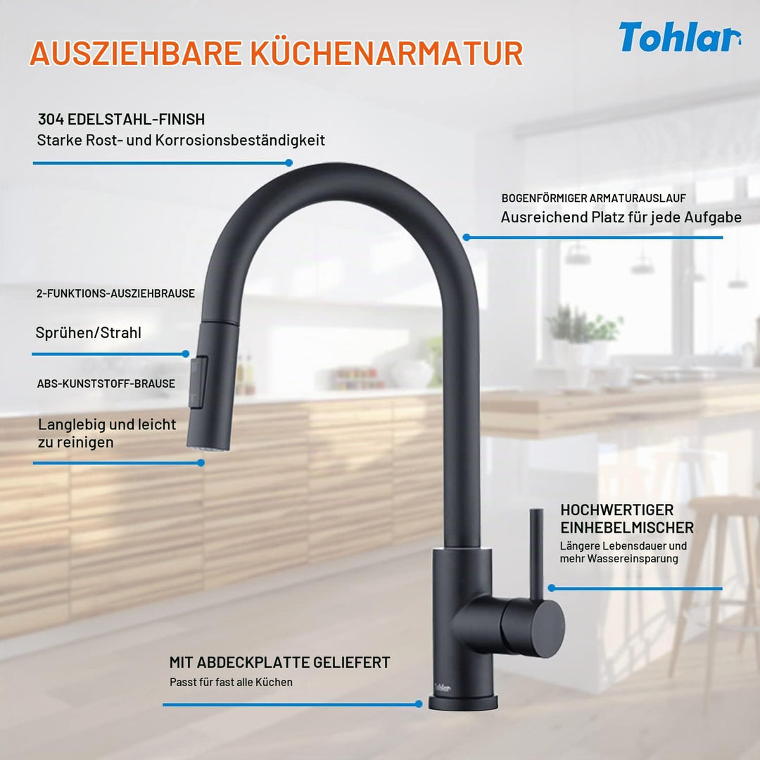 Tohlar Wasserhahn Küche Schwarz, Edelstahl Küchenarmatur, 360° Schwenkbar Spültischarmatur mit Braus