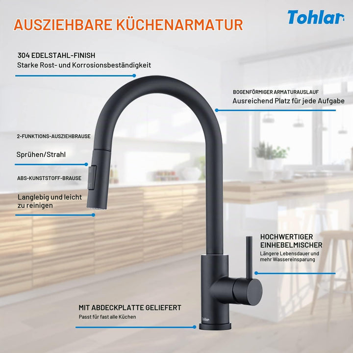 Tohlar Wasserhahn Küche Schwarz, Edelstahl Küchenarmatur, 360° Schwenkbar Spültischarmatur mit Braus