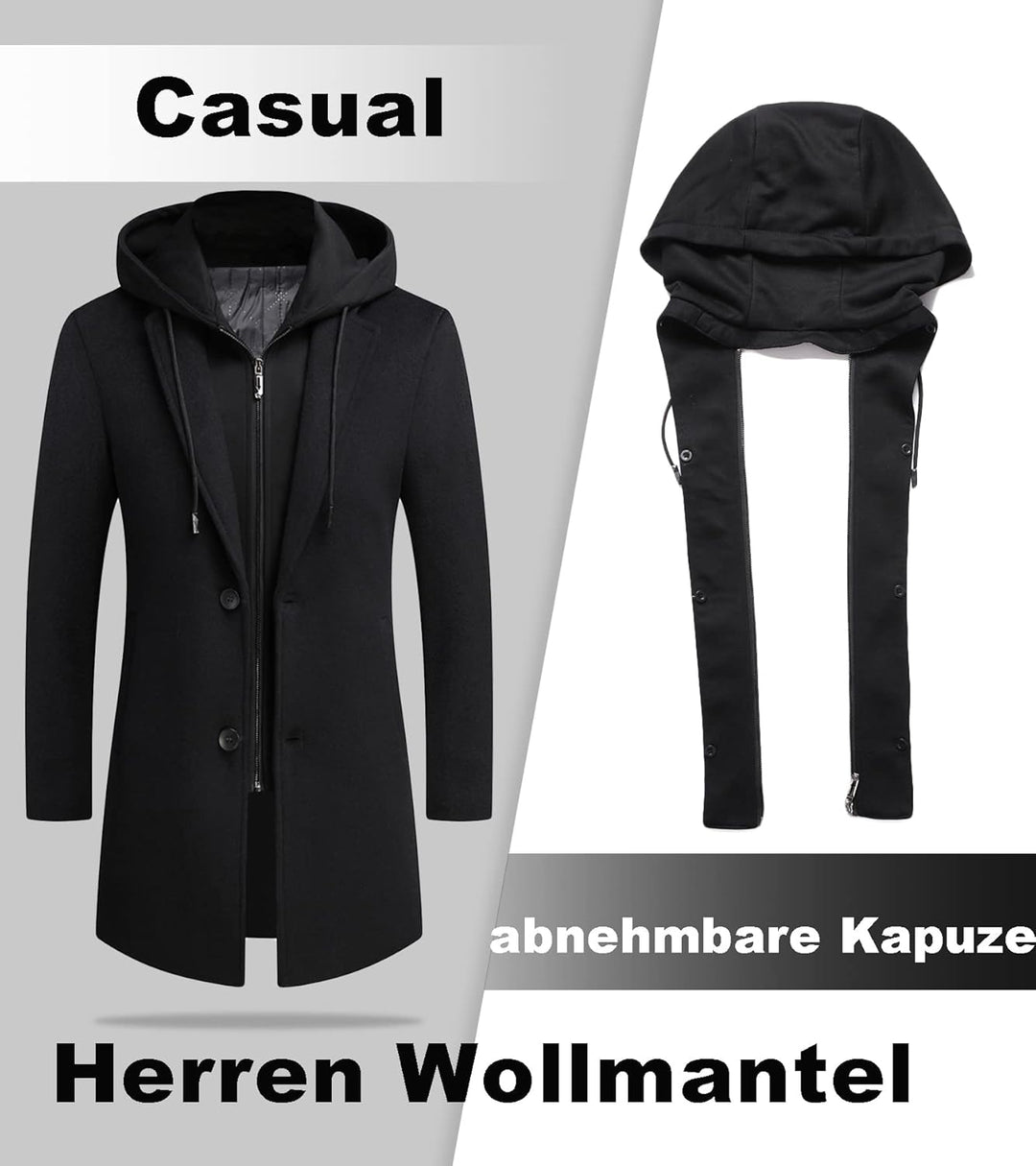 Luckyone Wintermantel Herren Mantel Loose Fit Lang Wollmantel Business Mantel mit Stehkragen Herren