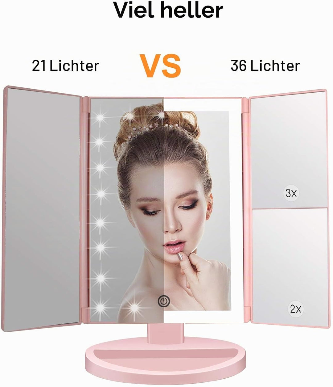 WEILY beleuchteter Kosmetikspiegel 1x / 2X / 3X Vergrösserungs-Trifold mit 36 LED-Lichtern, Touchscr