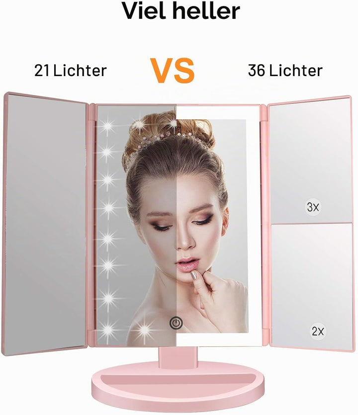WEILY beleuchteter Kosmetikspiegel 1x / 2X / 3X Vergrösserungs-Trifold mit 36 LED-Lichtern, Touchscr
