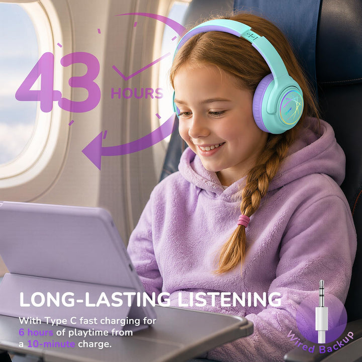 iClever Bluetooth Kopfhörer Kinder mit LED-Leuchten, 74/85dBA Lautstärkebegrenzung, 43 Stunden Spiel