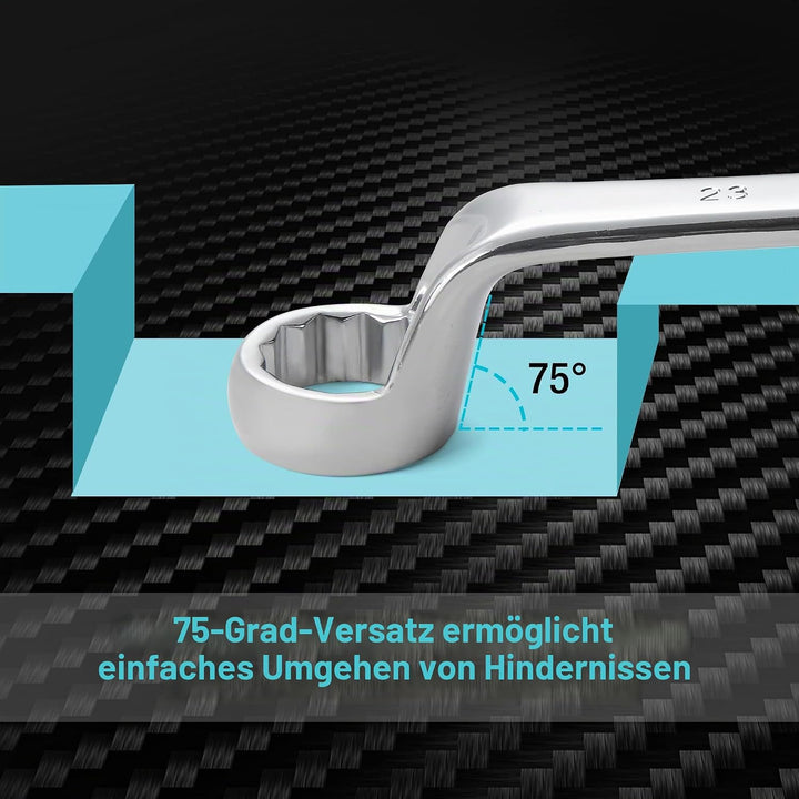 DURATECH Doppel-Ringschlüssel-Satz, 9-teilig, 6-23 mm, Gekröpfter Schraubenschlüssel Set, um 75 Grad