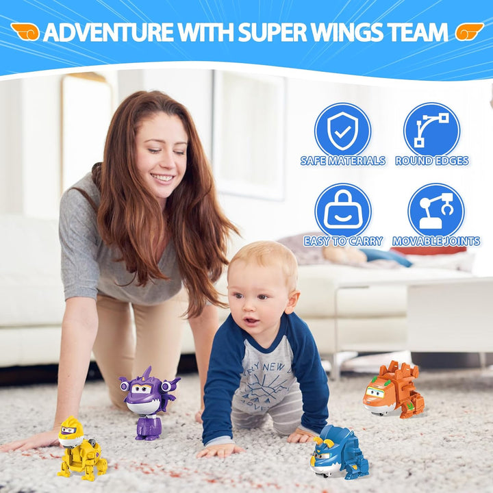 Super Wings Transforming Figuren 4 Pack, 5 cm Sally, Steggo, Trico &amp; Brachy, Roboter zu Flugzeug, Sp