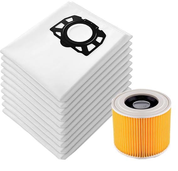 12 Staubsaugerbeutel und 1 Filter für Kärcher KFI 357, WD2, WD 2 Plus, WD 3, KWD 1-3, SE 4001, SE 40