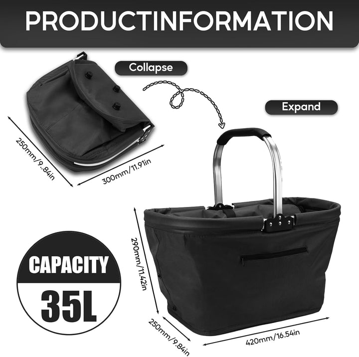GAESHOW Einkaufskorb Faltbar 35L, Picknickkorb mit Gepolsterten Griffen, Tragekorb mit Aluminiumrahm