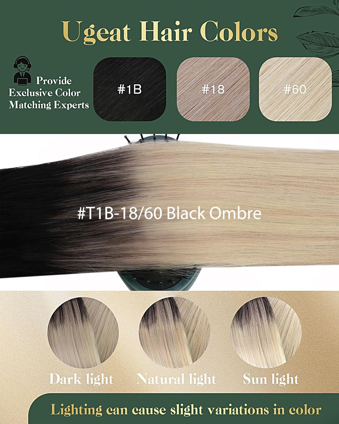 Ugeat Clip Extensions Echthaar Blond Balayage 50cm 120Gramm Echthaar Clip Extensions #1B/18/60 Black