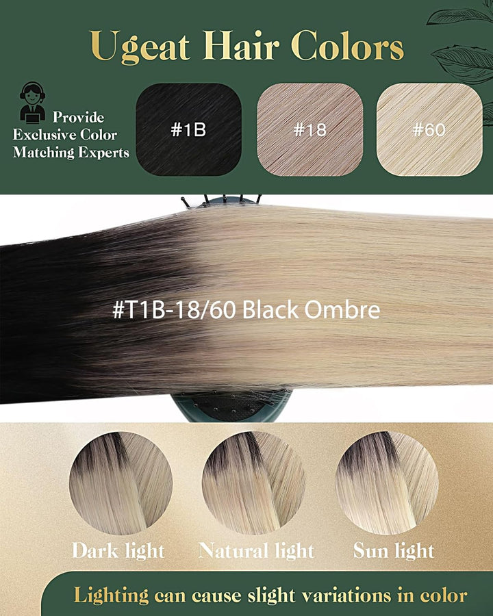 Ugeat Clip Extensions Echthaar Blond Balayage 50cm 120Gramm Echthaar Clip Extensions #1B/18/60 Black