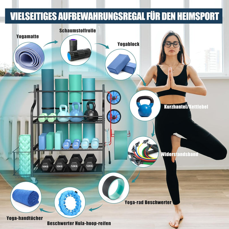 Hantelständer - ZACHVO Yoga Matte Hantelablage - Dumbbells Regal für Home Gym mit 4 Rädern und 8 Hak