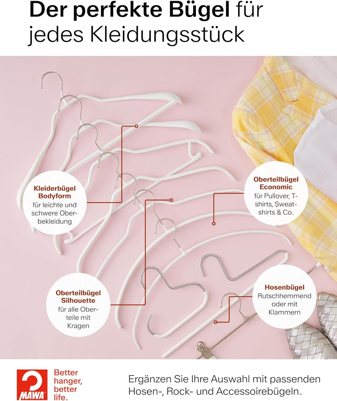 MAWA Kleiderbügel, Set mit 10 hochwertigen, platzsparenden, rutschfesten Kleiderbügeln, ideal für T-