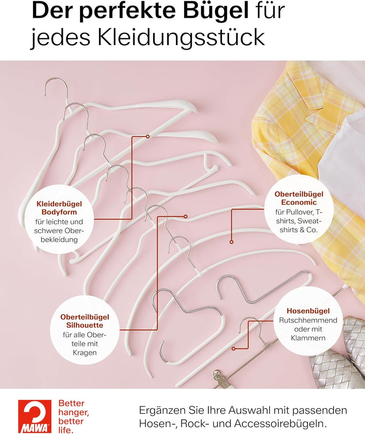 MAWA Kleiderbügel, Set mit 10 hochwertigen, platzsparenden, rutschfesten Kleiderbügeln, ideal für T-